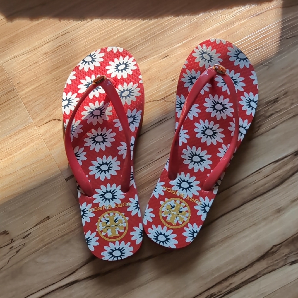 Tory Burch Red and White Floral Flip Flops